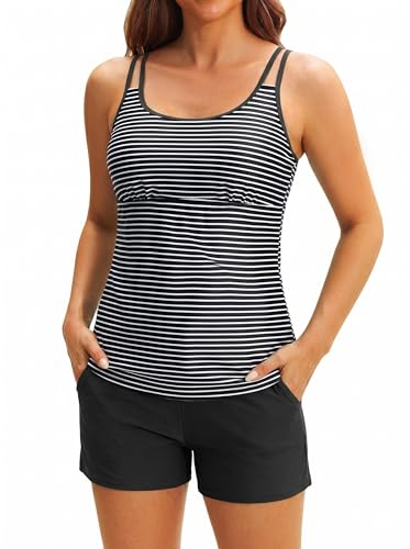 Image of Tempt Me Two Piece Tankini Swimsuits for Women Tummy Control Bathing Suit with Shorts Athletic Two Side Pockets Swimwear