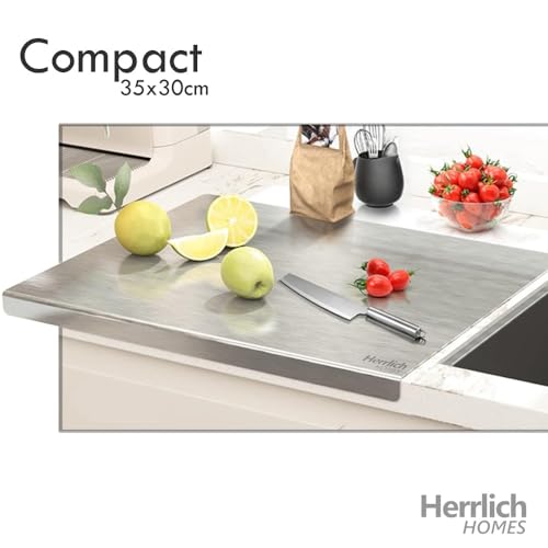 Image of Herrlich Homes Stainless Steel Chopping Board with Lip for Kitchen | 35x30 cm Compact Cutting Board | Dual Side Reversible | for Vegetables, Meat, Fish, Fruits, Roti Kneading | Free 2 Steel Straws
