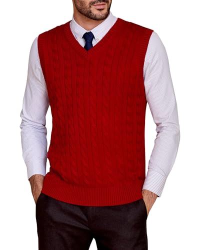 Kallspin Mens Sweater Vest Wool Blend Cable Knit V Neck Sleeveless Pullover Casual Bussiness Knitwear (Santa Red, XX-Large)