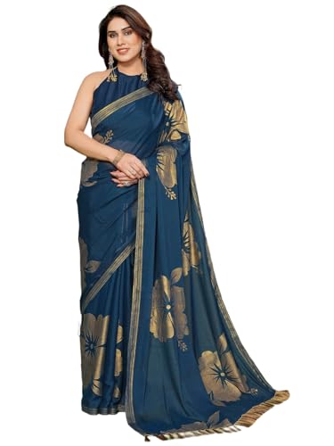 Image of Satrani Women's Shimmer Georgette Foil Printed Saree with Unstitched Blouse Piece