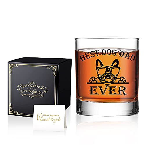 Perfectinsoy Dog Dad Ever Whiskey Glass with Gift Box, Cute French Bulldog Themed, Dog Lover Gifts for Him, Dog Dads, Dad, Grandpa, Uncle, Brothers, Husband, Whiskey Glass Gift for Dog Lovers