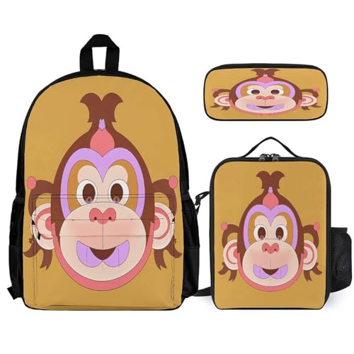 3-in-1 Backpack Combination Set Monkey Motif Print 3Pcs Backpack Sets Travel Daypack with Lunch Bag And Cosmetic Bag