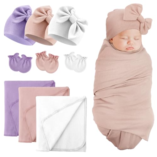 Image of DRESHOW BQUBO Newborn Receiving Blankets Cotton Warm Sleepsack with Mittens & Bow Hats Hospital Baby Swaddling Shower Gift