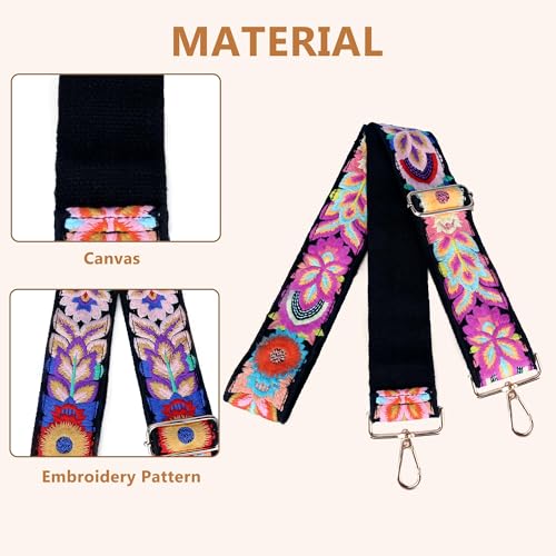 Image of Purse Strap, Adjustable Embroidery Flower 2 Inch Wide Purse Straps Replacement Crossbody for Women