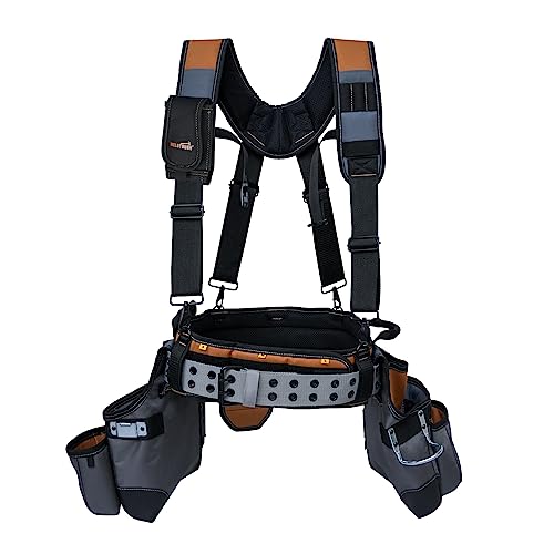 Image of MELOTOUGH Tool Belt with Suspenders Tool Bag Suspenders Framers Comb Apron Tool Belt Construction Tool Pouch Builder Heavy Duty Carpenter Suspension Rig for Electrician, Roofing,Contractor(Khaki)