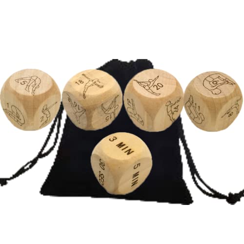 DenYouT Yoga-Würfel aus Holz, 5 Stück, Übungswürfel, Ganzkörper-Fitness, Humorwürfel, Entscheidungswürfel, Neuheit, Geschenke, Samtbeutel, inklusive Zeitwürfel, 2,5 cm, Holz, umweltfreundlich,