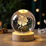 Kristallkugel Nachtlicht 60mm, Glücksbringer Kristallkugel Vierblättriges, LED Glas Kugel mit Holzsockel, 3D Kleeblatt Gravierte Glaskugel Deko, USB Deko Lampe für Wohnzimmer Schlafzimmer Büro