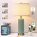 Green Ceramic Table Lamps with Charging USB Port and Outlet,3 Way Dimmable Touch Control Desk Nightstand Lights for Farmhouse Bedroom Bedside Living Room entryway, LED Bulb Included, Home Decorative