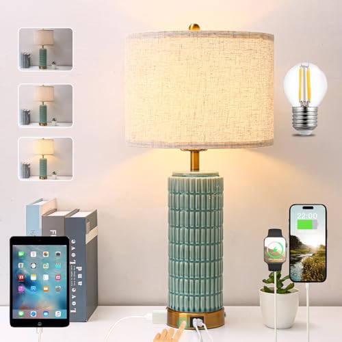 Lámpara de mesa cerámica verde con puerto USB y control táctil