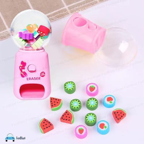 Image of FunBlast Machine Eraser Set - 15 Pcs Fruit Shaped Eraser Dispenser Toy, Mini Kawaii Erasers for Kids, Fancy Erasers for School & Office, Stationery Supplies, Birthday Return Gift for Kids (Pink)