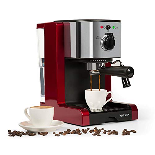 Klarstein Passionata Rossa Espresso Machine, 1350W, Stainless Steel Components, Steam Nozzle for Frothing Milk and Preparing Hot Drinks, 20 Bar, Cherry Red