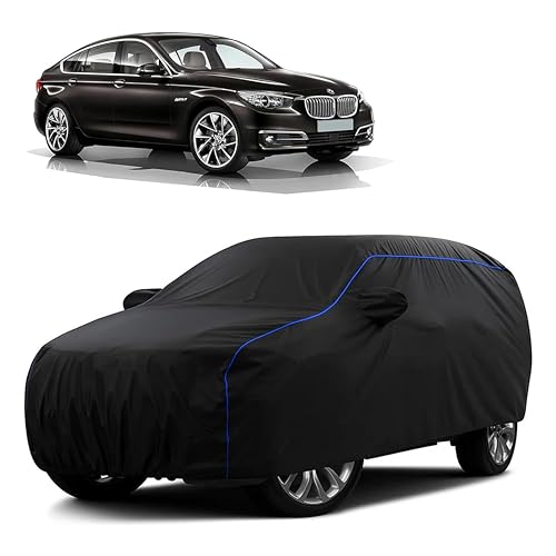 Image of Sulfar 100% Water Resistant Car Body Cover Compatible with Mirror for BMW 5 Series GT (Triple Stitched, Full Bottom Elastic, Black Tafetta with Blue Piping)
