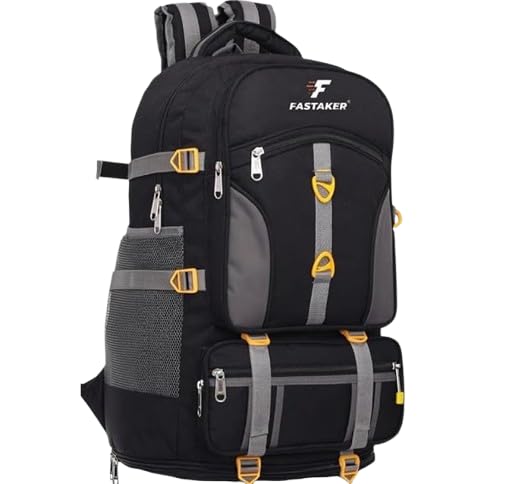 Fastaker Hiking Backpack, Multi-Compartment Travel Rucksack with Mesh Pockets, Grey and Yellow Accents