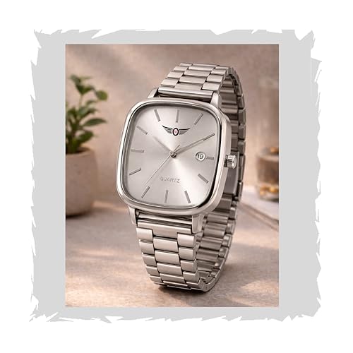 Image of Minimalist Men's Square Dial Watch with Date | Comfortable Stainless Steel Quartz Analog Wristwatch | Casual & Formal Timepiece