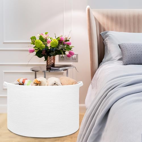 Image of Extra Large Blanket Basket 87L, Laundry Hamper, Baby Nursery Hamper for Storage Toys Clothes Towels, Large Cotton Rope Laundry Basket for Girls Boys, 22 inchx 14 inch, White