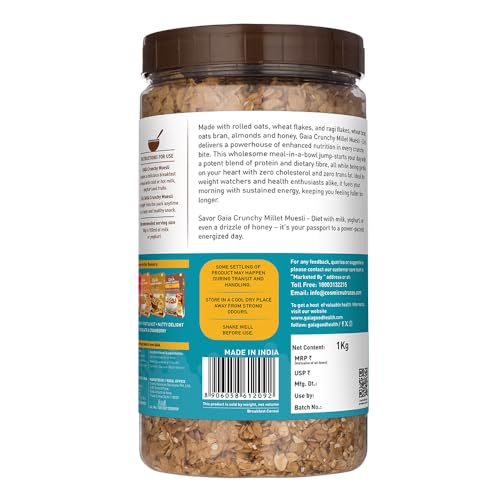 Image of GAIA Diet Millet Muesli | Gluten Free | Millet Cereal | No added Sugar | High Fibre | Zero Trans Fat | Mineral Rich, Healthy Breakfast 1KG jar