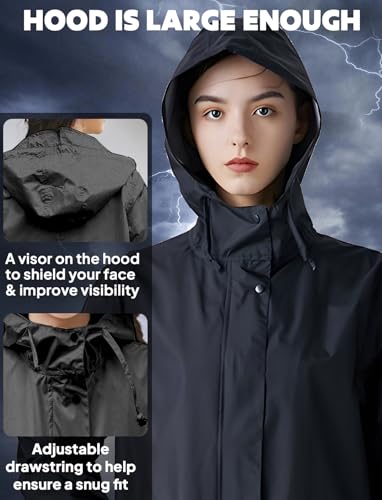 ANYOO Damen Regenjacke Regenmantel Wasserdicht mit Kapuze, Leichter Lange Regenponcho Windbreaker Regenbekleidung, Schwarz,Einheitsgröße