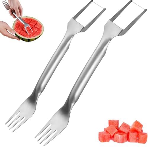 2-in-1 Stainless Steel Fruit Cutter, Watermelon Cube Cutter Tool, UpgradeDual Head Fruit Forks Knife Summer Fruit CuttingFork, for Home Kitchen