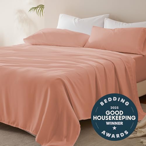 SLEEP ZONE Nanotex Super Soft Cooling Full Size Bed Sheets Set 4 Piece - Easy Care Fitted Flat Sheet & Pillowcase Sets - Wrinkle Free, Fade Resistant, Deep Pocket 16" (Dull Pink, Full)