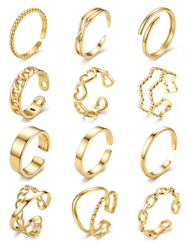 JeweBella 12 Pièces Bague Acier Inoxydable Femme Bague Femme Or/Argent Plaqué Or 18K Inaltérables & Imperméables Bagues de Pouce Ouverte Réglables...