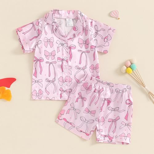 Kids Toddler Girls Pajamas Baby Short Sleeve Lapel Button Down Tops + Shorts Satin Silk Sleepwear Summer Loungewear2