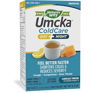 Nature’s Way Umcka ColdCare Day+Night Homeopathic, Shortens Colds, Sore Throat, Cough, and Congestion, Phenylephrine Free, Lemon & Honey Flavors, 12 Packets Hot Drink Mixes