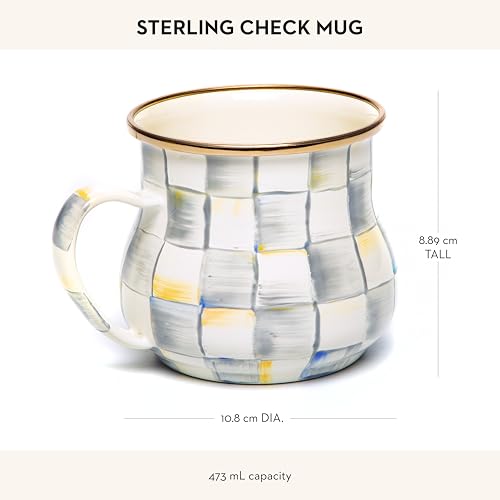 Image of MACKENZIE-CHILDS Enamel Mug, Cute Enamelware Coffee and Tea Mug, Unique Drinkware, 16 Ounces, Gray-and-White Sterling Check, Set of 1 (Pack of 2)