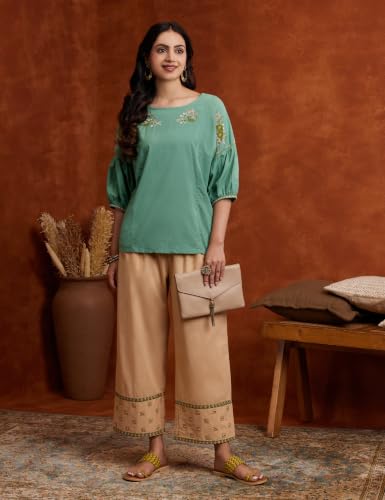 Image of Amazon Brand - Myx Women's Cotton Embroidered Palazzo Pants (Available in Plus Sizes)