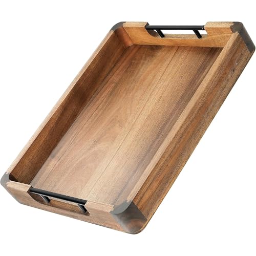 Image of Wooden Serving Tray for Home and Kitchen | Acacia Wood Large Rectangular Tray with Handles for Resturant, Cafe, Breakfast, Multipurpose Organzier | (Food Safe Oil Finish) (Manna)