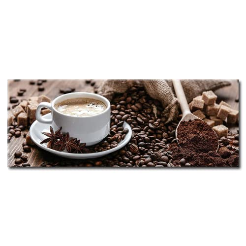 daazoo Glas Küchenbild White Cup 30 x 80 cm | Wake up and smell the coffee ! Hochwertig verarbeitetes Glasbild, ein echter Hingucker in Ihrer Küche | Wandbild Kaffee Deko groß Querformat