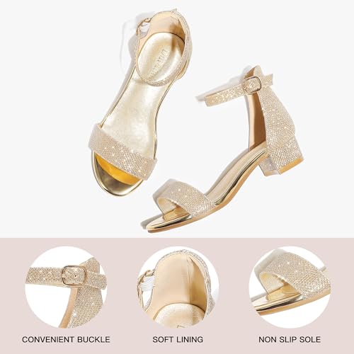 Image of Dufannie Girls Sandals Low Heels Dress Pump Ankle Strap Open Toe Flower Girl Wedding Party for Toddler Little Big Kid