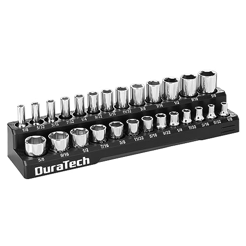 DURATECH Magnetic Socket Organizer, 1/4" SAE Socket Tray Holds 26 Standard & Deep Sockets, Magnetic Sockets Holder 1/4" DR, SAE