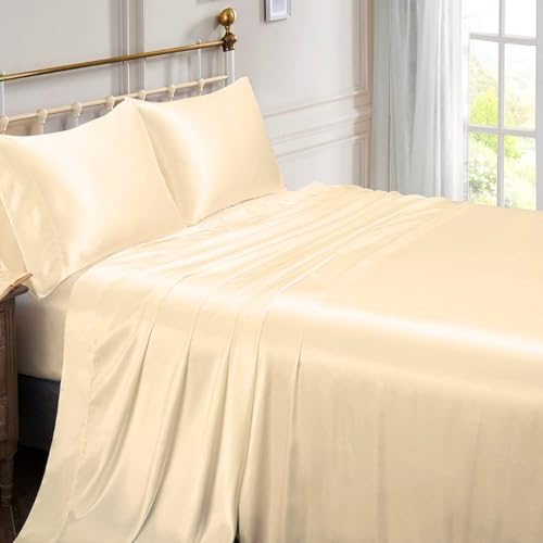 Parure de lit en soie beige pour lit double chambre parentale cocooning