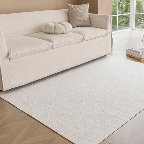 Obundi Low Pile Rug, 80x150cm, Cream Bedroom Rug, Area Rugs Living Room, Small Machine Washable Rugs, Non Slip Short Pile Bedside Square Soft Thin Chenille Carpet for Kids Room