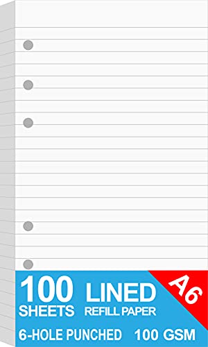 Refills Paper - A6 Lined Paper for Filofax Personal Binder Planner White 100gsm Ruled Pages 6 Hole Punched 100 Sheets/200 Pages 9.5 x 17.1cm