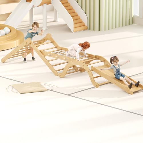 Trintion 4-in-1 Indoor-Klettergerüst für Kleinkinder, Montessori-Klettergerüst-Set mit Holz-Kletterdreieck, Bogen, Rutsche und kurzem Kissen, faltbares Kletterspielzeug für Kinder