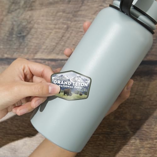 Image of Lantern Press Sticker Grand Teton National Park, Wyoming, Buffalo and Mountain Scene, Die Cut Vinyl, (Waterproof Decal for Cars, Water Bottles, Laptops, Coolers), Small