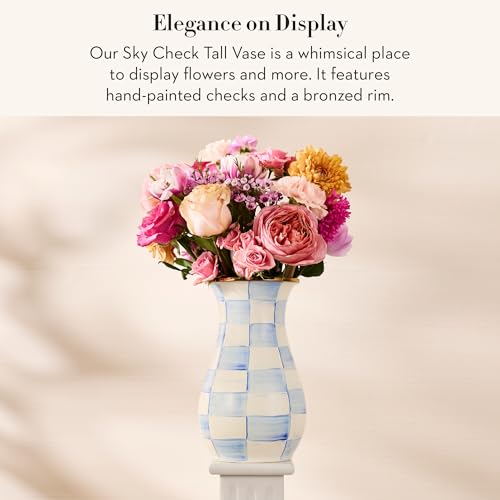 Image of MACKENZIE-CHILDS Enamel Tall Vase, Light-Blue-and-White Sky Check