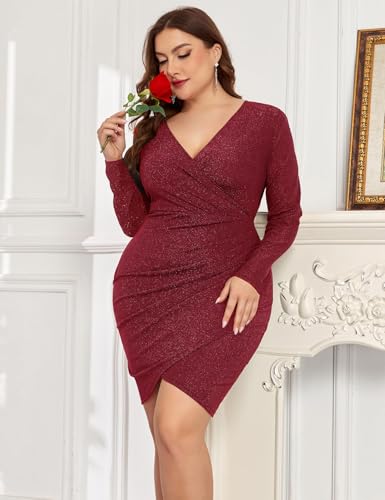 Image of ZOMVA Plus Size 0X-4X Sparkly Glitter Ruched Bodycon Mini Dress Sparkle Sequin Wrap Ruffle Sleeve Dress Cocktail Party Formal