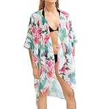 LONG CREATE Swimsuit Coverup for Women, Beach Swimwear Kimono Cardigan, Bikini Bathing Suit, Floral Resort Wear Flamingo