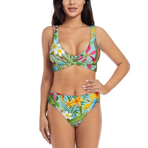 Maillot de bain 2 pièces imprimé plantes et perroquets pour la piscine