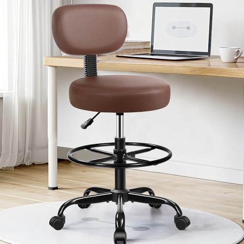 Image of Brick Attic Drafting Chair with Backrest - Adjustable Foot Rest Rolling Stool with Wheels, PU Leather Swivel Stool for Office Spa Studio Lab Counter Salon Home Work Bar Kitchen Shop(Brown)