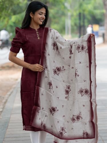 Image of Sun Fashion And Lifestyle Women's Chanderi Straight Stitched Printed Kurti With Printed Organza Dupatta For Women