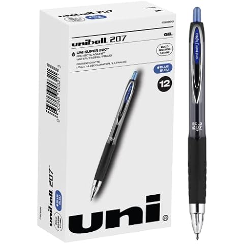 Uni-Ball Signo 207, 12 Pack 1.0mm Bold Blue Gel Pens - Water Resistant, Smooth Writing, Comfort Grip, Retractable - Back to School Pens, Teacher Pens, School Supplies Cover