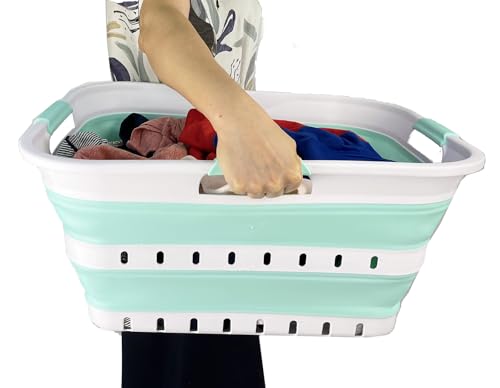 Image of SAMMART 42L (11 gallons) Set of 2 Plastic Foldable Storage Basket /Container - Collapsible, Space Saving and Portable Laundry Hamper, Ideal for Home, Travel, Dorm (2, White /Light Green)