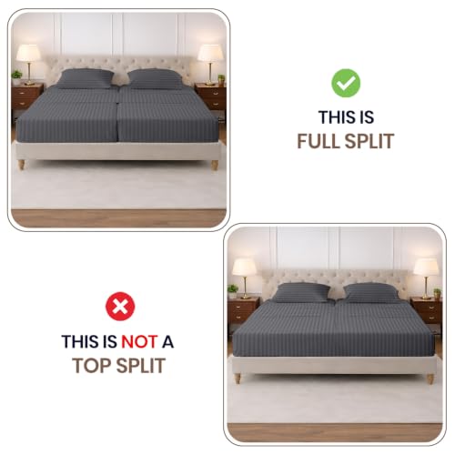Image of SGI Split King Sheet Set for Adjustable Bed Egyptian Premium Cotton 600 Thread Count Sheets for Sleep Number Bed 15 inch Deep Pocket 5 Pc Set with 2 Twin XL Fitted Sheets Soft Breathable -Dark Grey Stripe
