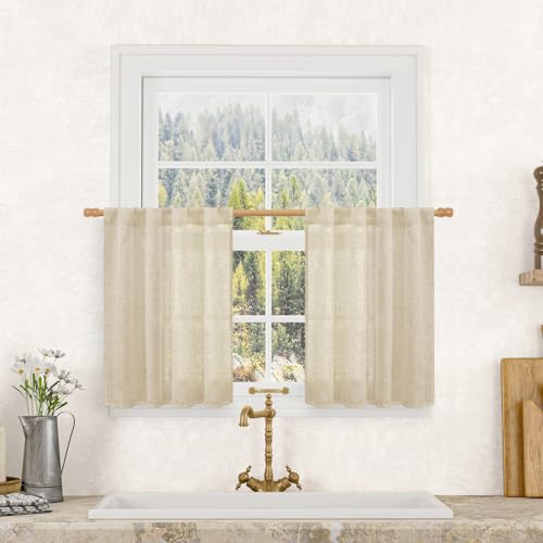 LAMIT Linen Kitchen Curtains 24 Inch Length, Semi Sheer Light Filtering Window Panels Back Tab and Rod Pocket Drapes for Basement/Small Windows, 25 x 24 Inch, 2 Panels