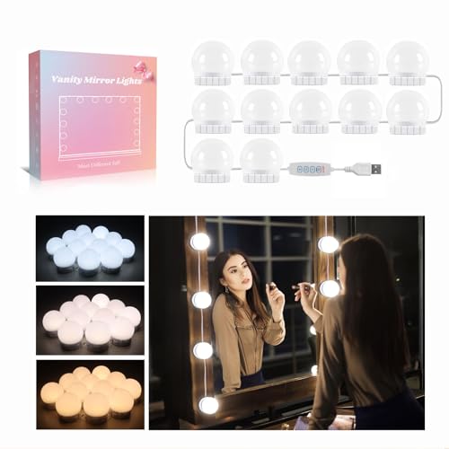Luces Espejo Maquillaje Hollywood 12 Bombillas, Luz Espejo Adhesiva con Interruptor y Cable, 3 Colores y 10 Brillos Ajustables, Luz para Tocador, Makeup Luces LED Espejo USB, 1 juego
