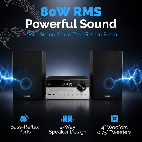 Image of Philips Bluetooth Stereo System for Home with CD Player, Bluetooth 5.4 & Auracast, Upgraded 80W Stereo Sound, MP3, USB, Audio in, FM Radio, Bass Reflex Speaker, Remote Control Included