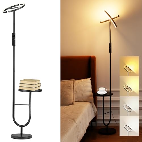Lampada da Terra LED con Tavolino - 36 W dimmerabile con Telecomando e Touch, Testa Girevole 360°, 2700K-6500K, Lampada Moderna Nera per Soggiorno e Ufficio, 175 cm